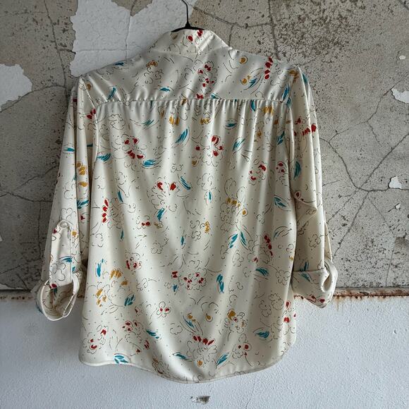Vintage Cream Floral Print Blouse 70s Style Button Front Poet Sleeve Top Size S - Picture 4 of 5